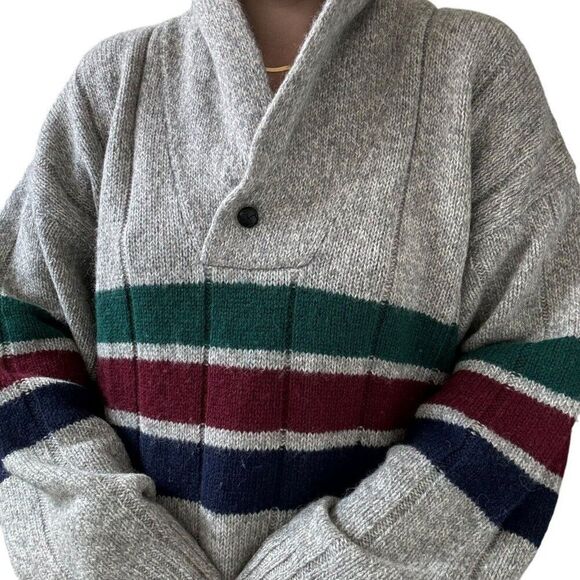 Vintage 1990s Eddie Bauer Mens Striped Wool Cowl Neck Chunky Sweater XL - Picture 5 of 7